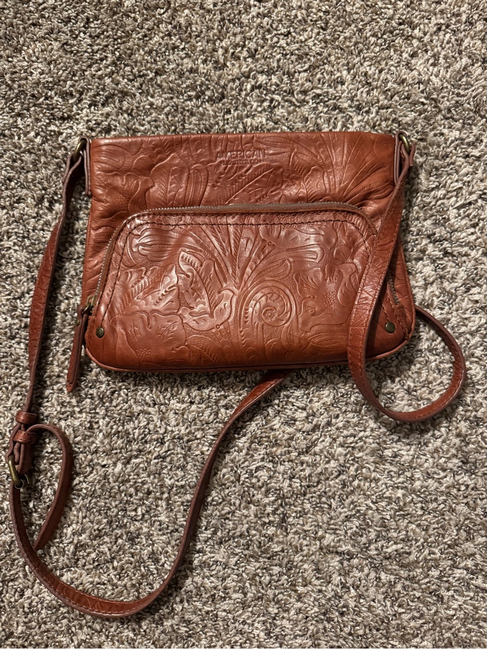 American West Tooled Leather Crossbody Bag in Cognac Brown